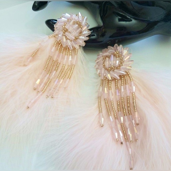 Like New! Free People Mandela Pink Jeweled Cascading Feather Earrings So Boho! - Picture 1 of 3